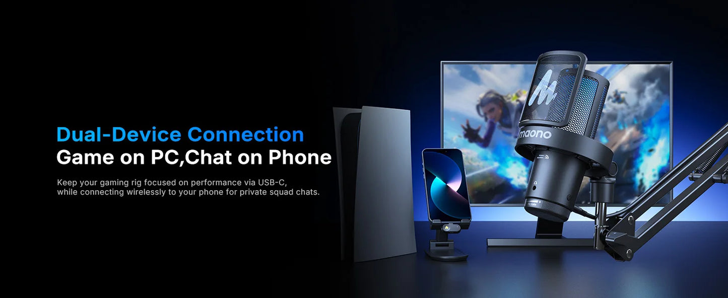 Wireless USB Gaming Microphone with AI Noise Reduction and RGB Lighting