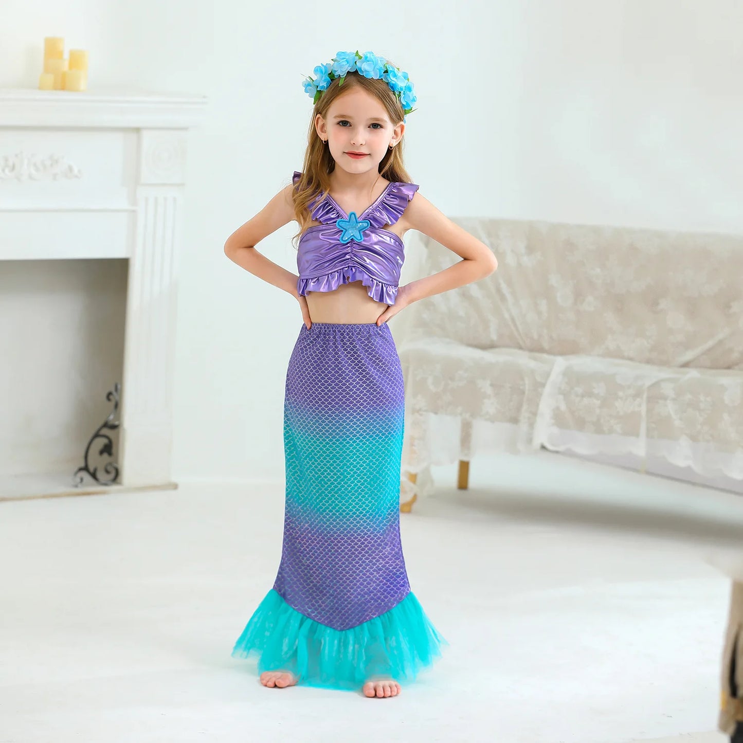 Mermaid Princess Dress Cosplay Party Costume Mid Calf Gown