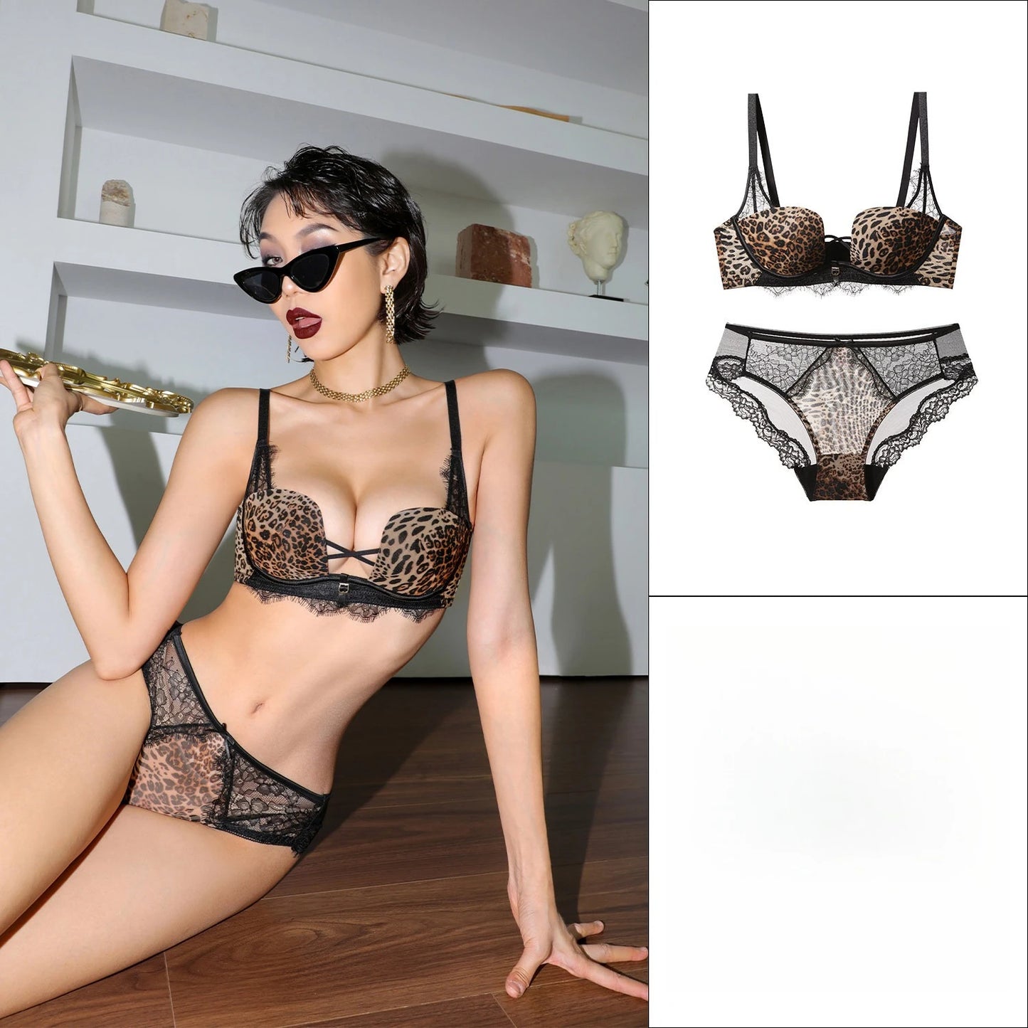 Womens Leopard Print Lace Push Up Bra and Brief Set