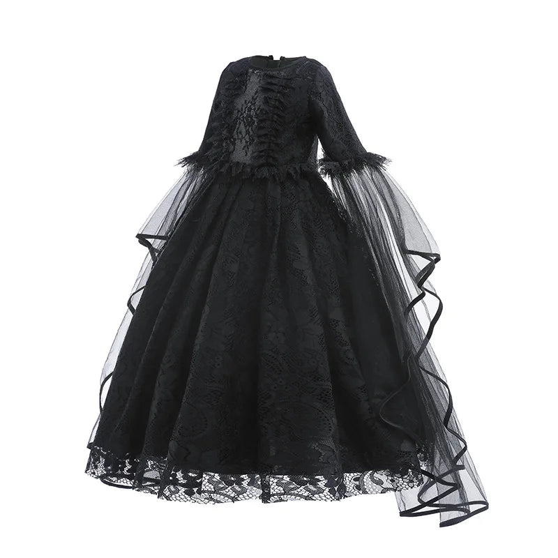 Halloween Witch Dress For Girls Black Evil Queen Cosplay Costume Luxury Lace Ruffles Floor Length Outfits Kids Carnival Frocks
