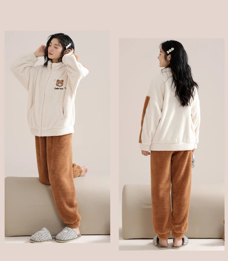 Women’s Winter Flannel Pajama Set – Warm Coral Fleece Loungewear with Cute Bunny Design