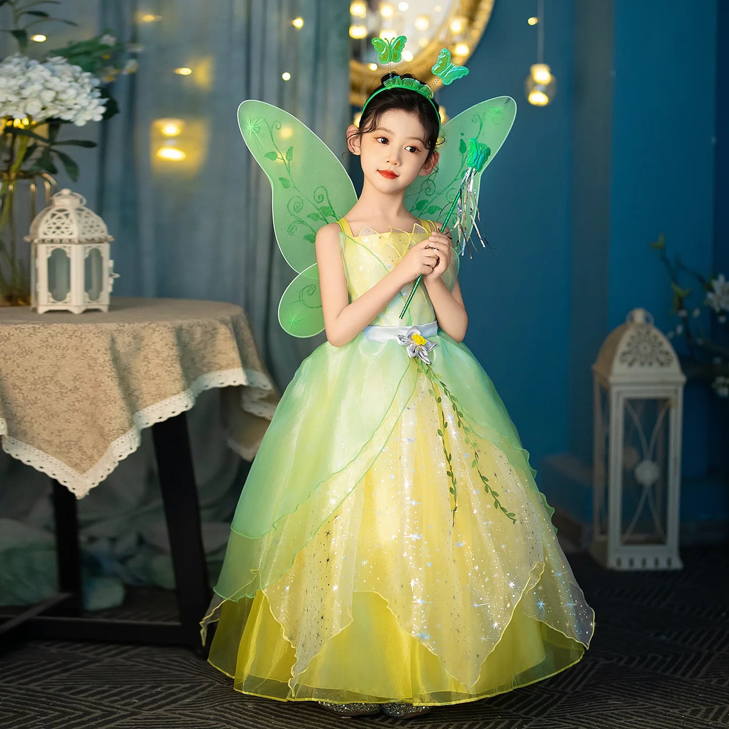 Layered Tulle Fairy Princess Dress Green Yellow Sling Party Costume
