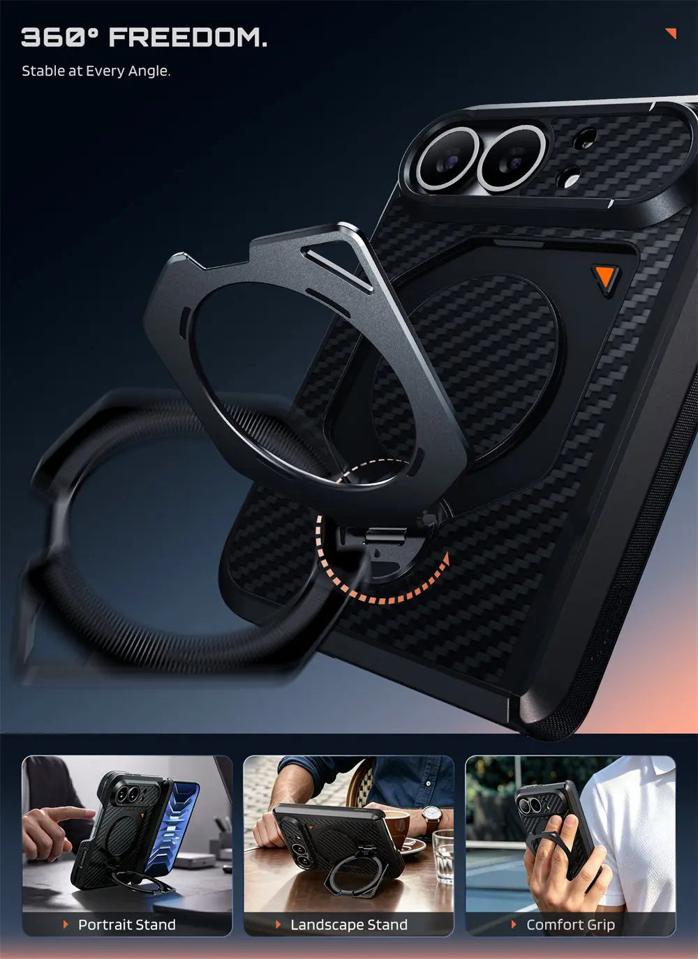 Rugged Aramid Fiber Phone Case with 360 Degree Magnetic Ring Stand and Clear and Privacy Screen Protectors for iPhone Duo