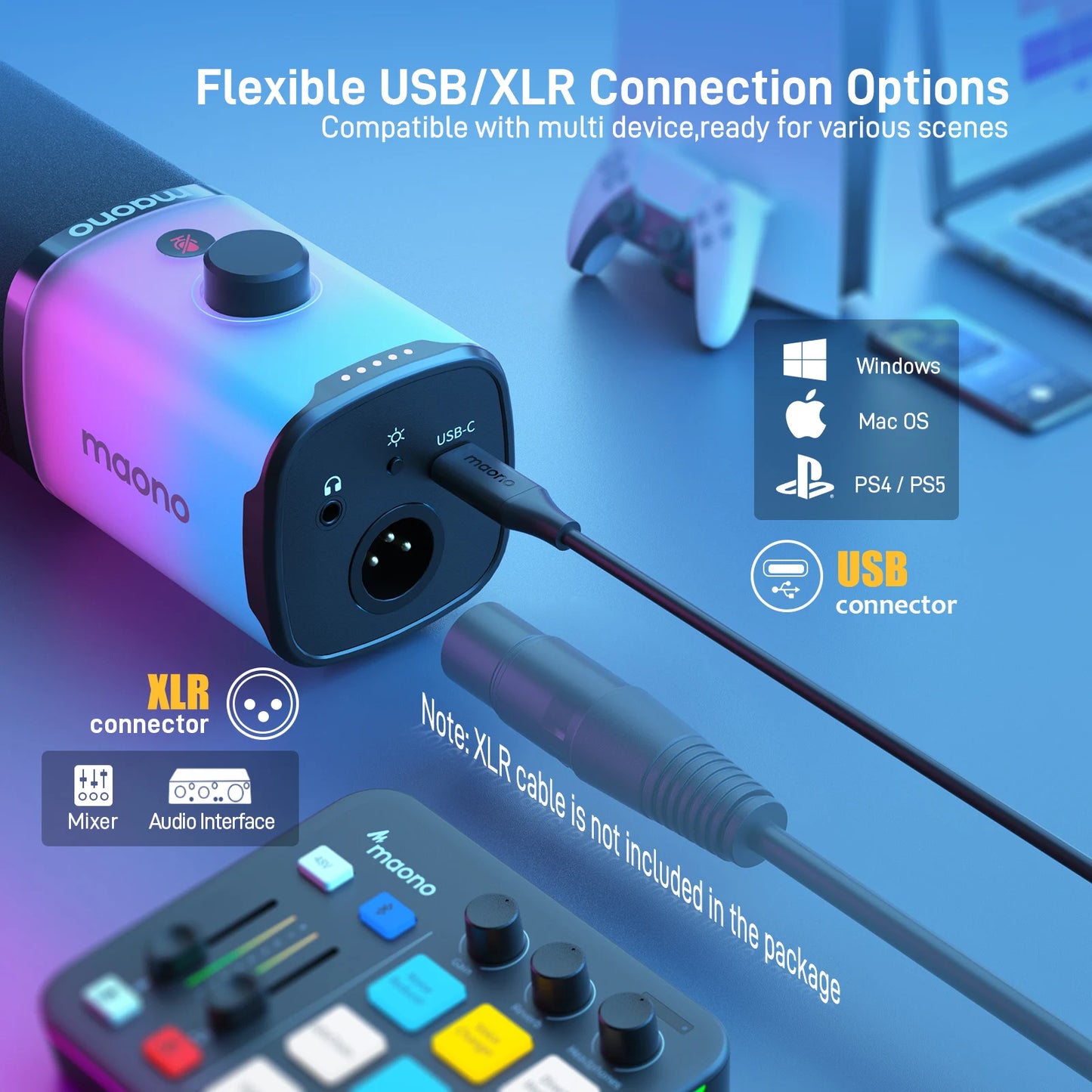 PD100X Gaming MIC,USB/XLR Dynamic Microphone with Noise Reduction, Mute, Headphone Jack, RGB MIC for Gamer Streaming Podcast