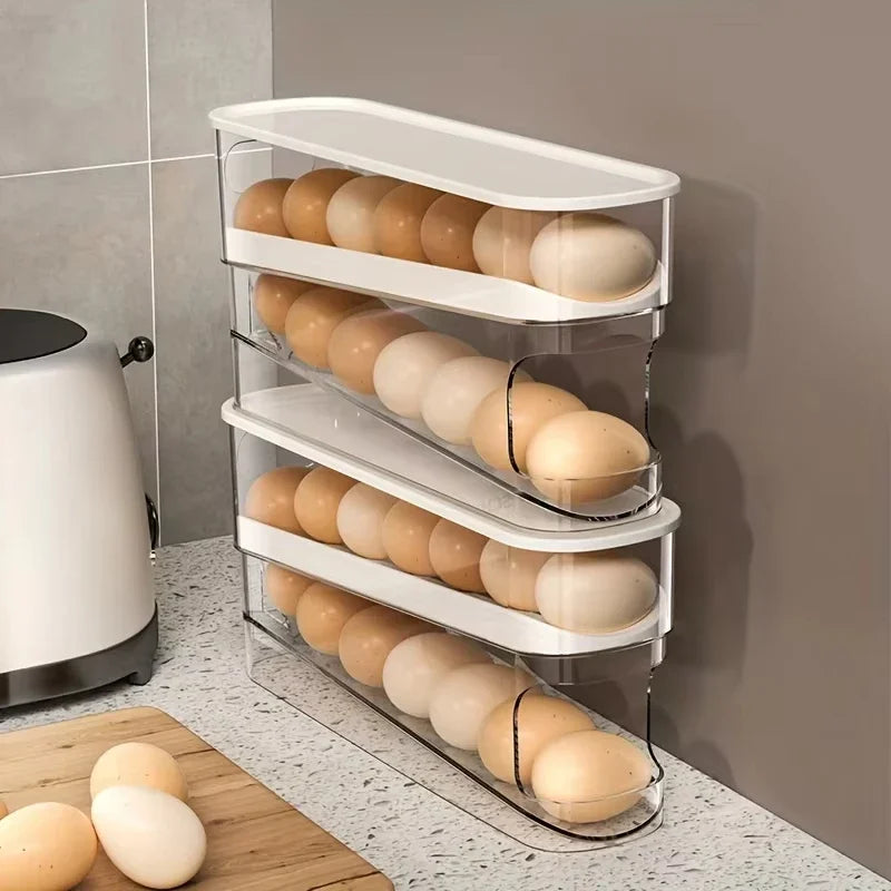 Double-Layer Ladder Style Egg Storage Box – Automatic Rolling Refrigerator Egg Holder Rack for Kitchen