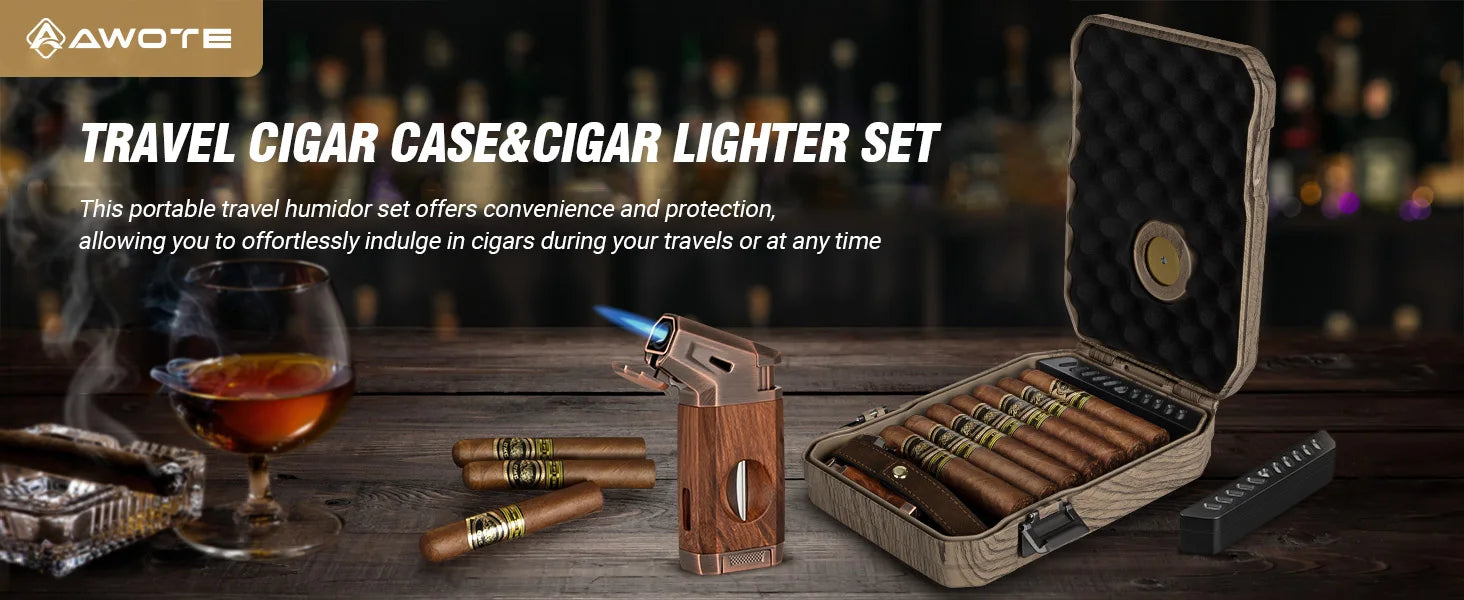 Travel Cigar Humidor with Cigar Lighter, Cedar Wood, V Cut Cutter, Portable Cigar Humidor with Humidifier & Hygrometer