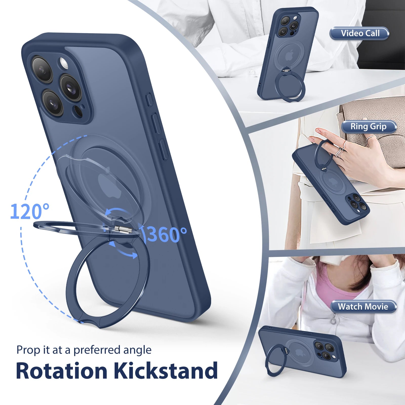 Magnetic Stand Case for iPhone 15 Pro Max Case 360° Adjustable Kickstand Metal Ring Matte Cover Shockproof Magsafe Phone Case