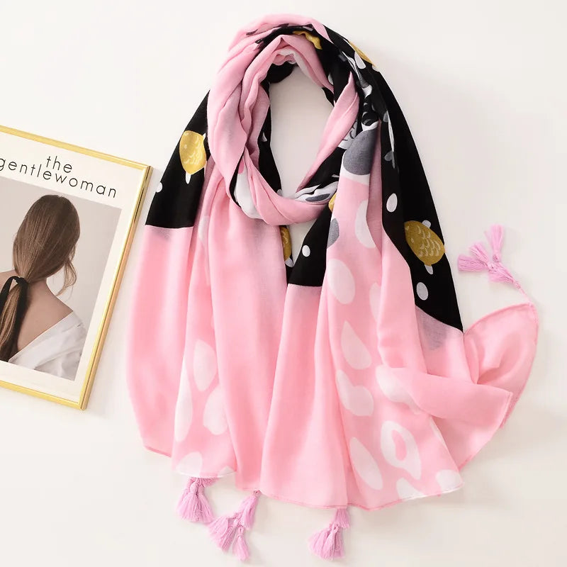 Beige Coffee Scarf Luxury Thin Women Scarves Spring Floral Hijab Veils Soft Cotton Shawl Wrap Tassel Viscose Muslim Woman Hijab