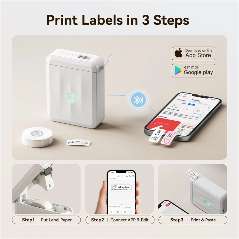 D110 Mini Thermal Label Printer, Bluetooth Portable Smart Label Maker 12–15mm, Inkless Sticker Printer for Home Office Kitchen School