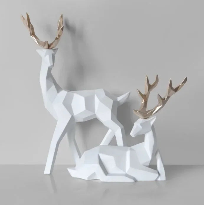 A Couple of 2Pcs Deer Statue Modern Geometric Sculpture Desktop Ornament Figurine Wine Cabinet Cafe TV Showcase Decor