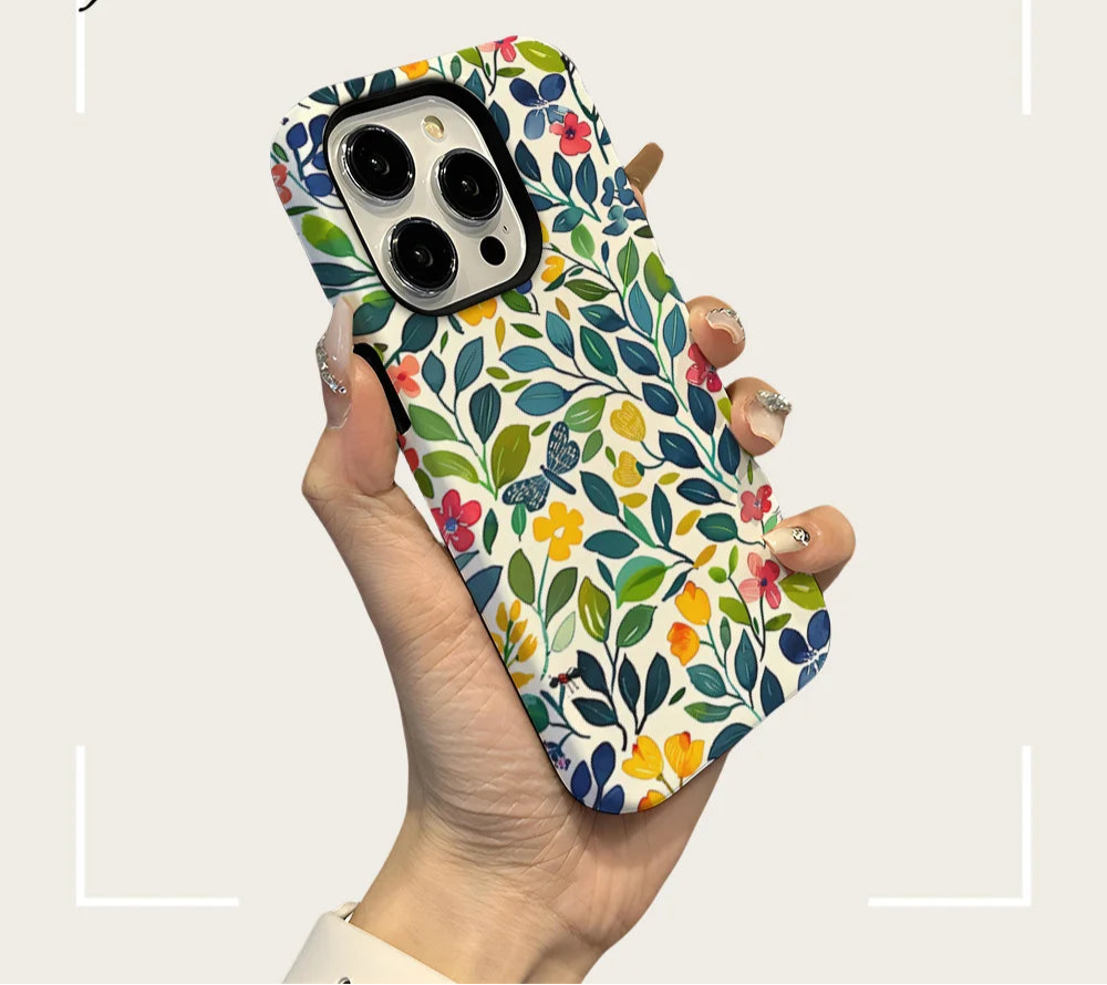 Flower Flora Green Leafs 2 in 1 Phone Case for iPhone 16 15 Pro Max 16 Plus Double Deck Shockproof Protective Cover