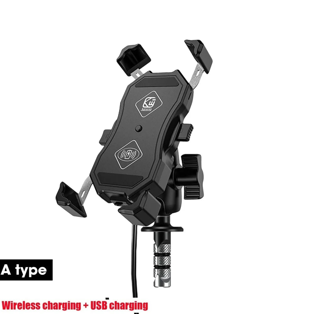 Motorcycle Fork Stem Wireless Charger 15W Qi/USB Quick Charge Phone Holder Handlebar Mirror Mount with 1" Ball for 3.5"-6.8"