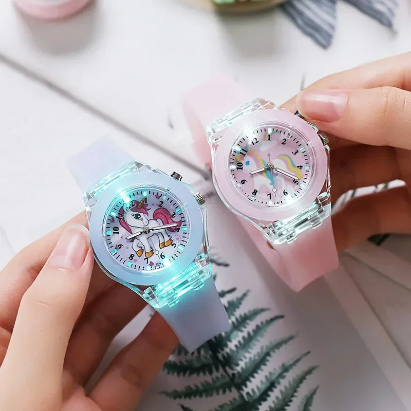 Cartoon Baby Unicorn Kids Watches Girls Toys Silicone Strap Flash Light Children Watch Clock Quartz Wristwatches