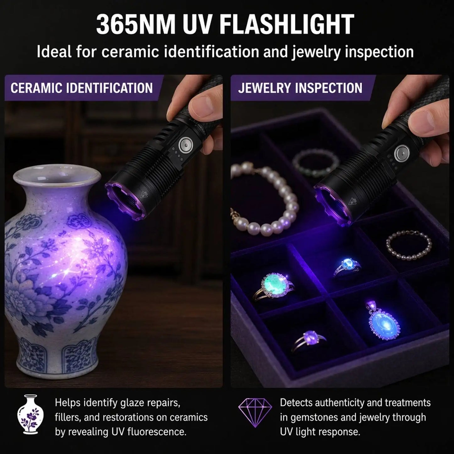 40W 365nm UV Rechargeable Blacklight Flashlight