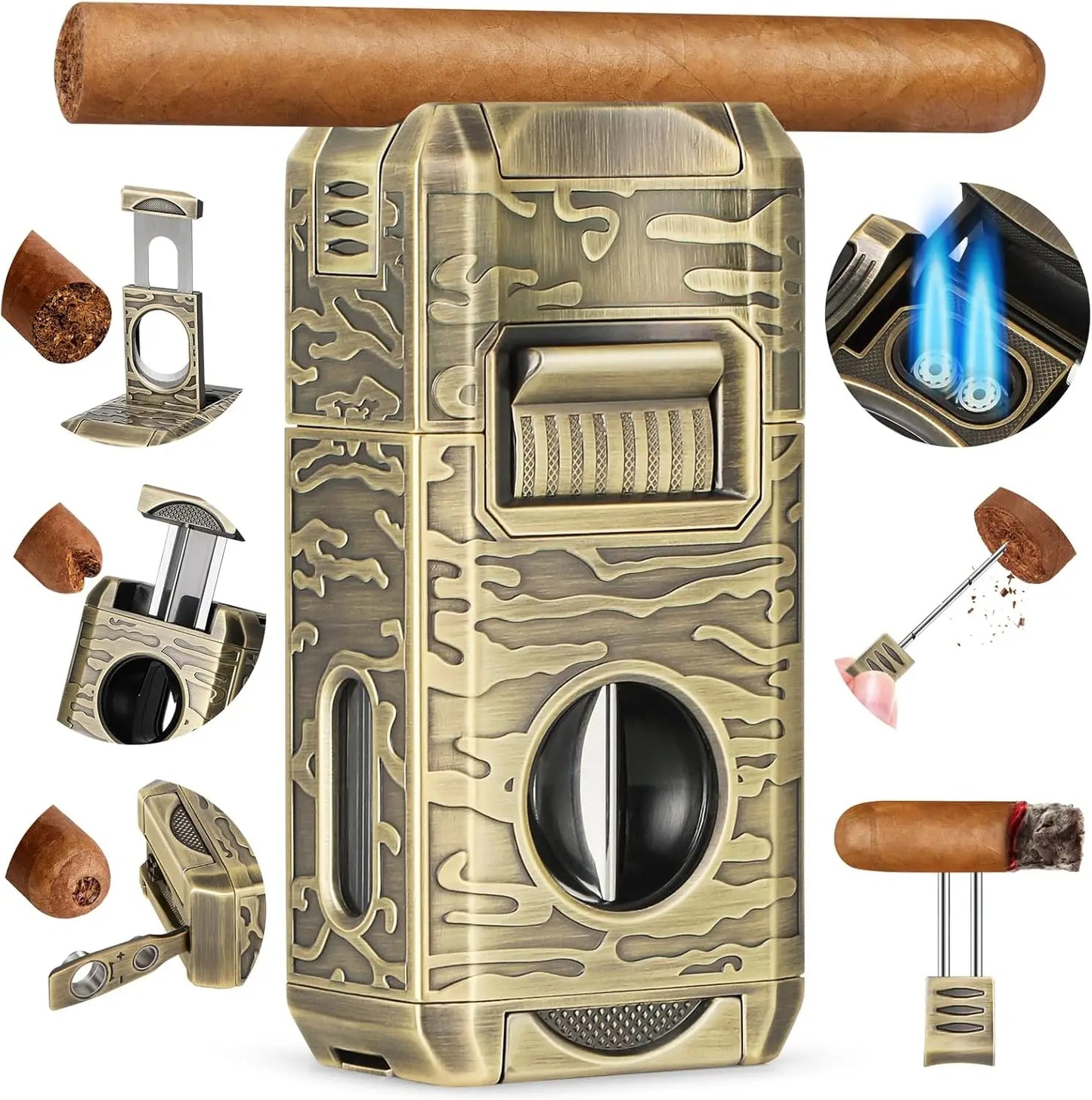 Cigar Lighter, 7-in-1 Cigar Lighter, Dual-Flame Windproof, Built-in Dual Punch, V-Cut, Flat Cut, Cigar Holder (No Butane)