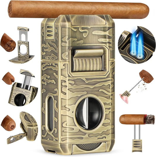 Cigar Lighter, 7-in-1 Cigar Lighter, Dual-Flame Windproof, Built-in Dual Punch, V-Cut, Flat Cut, Cigar Holder (No Butane)