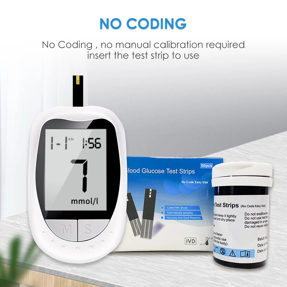 Blood Glucose Meter Glucometer Kit Code Free Diabetes Test 50/100pcs Strips With Lancets Medical Blood Sugar Mg/mmol
