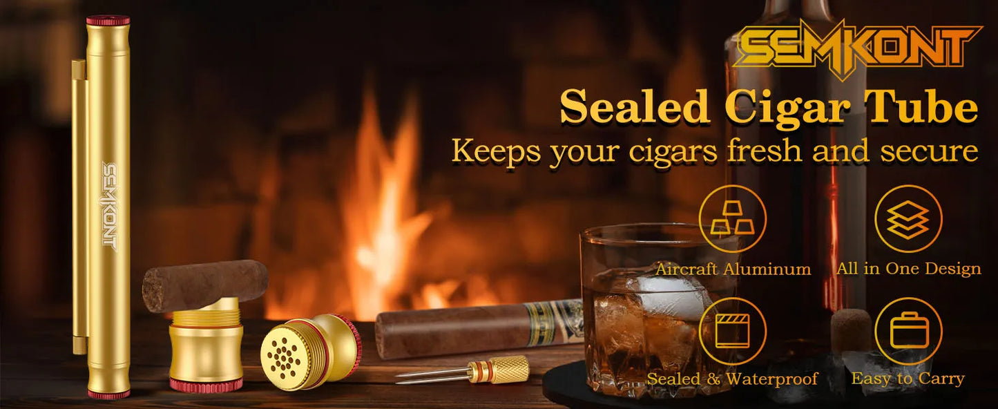 Travel Cigar Tube, Portable Aluminum Cigar Storage Tube Built in Humidifier, with Dual Cigar Punch Cigar Needle Cigar Holder