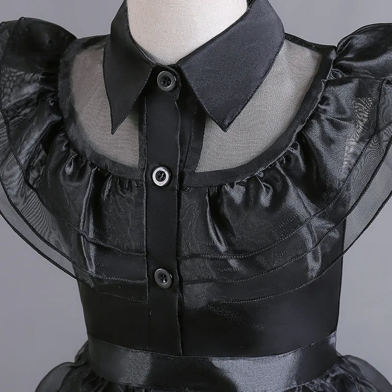 Girls Mesh Hollowed Out Cake Long Dress Cosplay American Drama Matching Ball Dress Black Kids Cospaly Dresses for Halloween