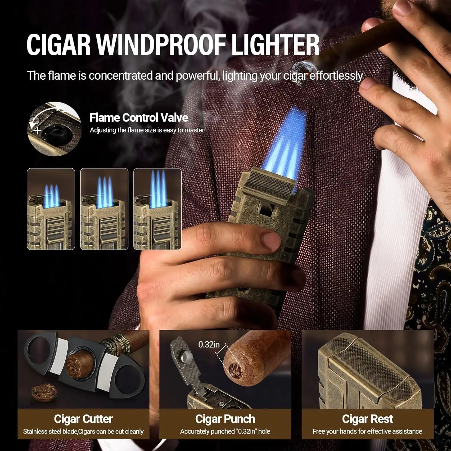 Cigar Humidor, Solid Wood Cigar Ashtray & Acrylic Cigar Jar Kit with Cigar Cutter, Humidifier and Dropper, Holds 18-20 Cigars