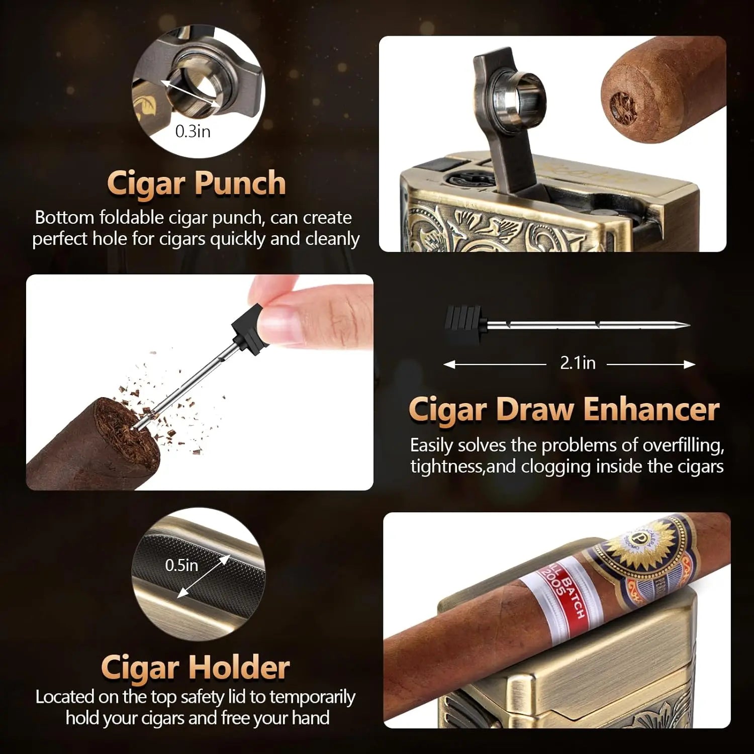 Cigar Lighter 4 Jet Flame, Refillable Butane Lighter with Cigar Cutter V Cut Cigar Punch Cigar Holder Cigar Draw Enhancer