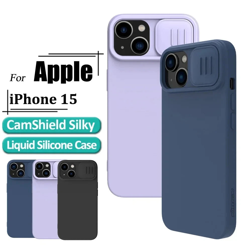 CamShield Silky Case For iPhone 15 Phone Case Camera Slider Liquid Silicone Shockproof Back Cover