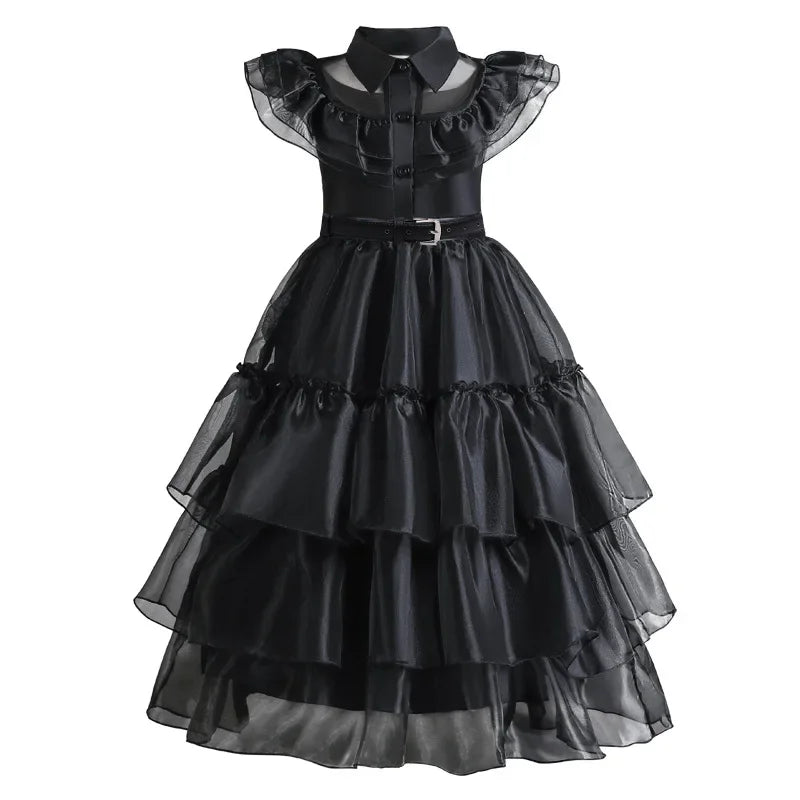 Girls Mesh Hollowed Out Cake Long Dress Cosplay American Drama Matching Ball Dress Black Kids Cospaly Dresses for Halloween