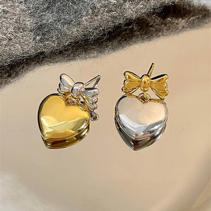 Asymmetrical Smooth Metal Bowknot Heart Earrings For Women Jewelry Senior Sense Sweet Korean Design