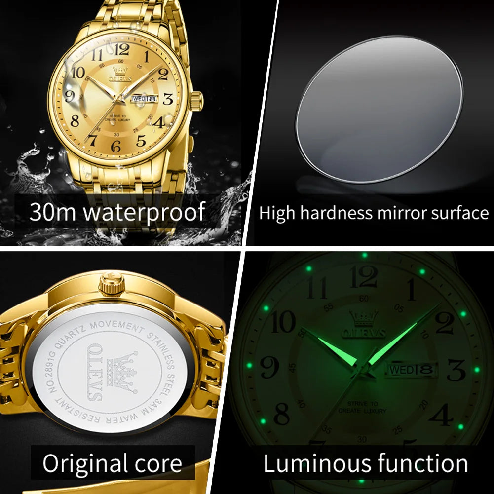 Watches Dual Calendar Display Luminous Stainless steel Classic Business Quartz Wrist watch for Men