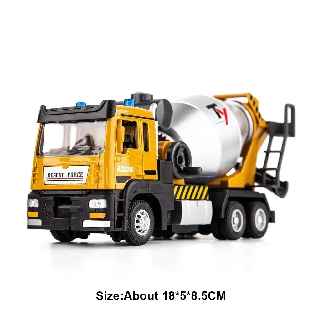 1:32 Alloy Flatbed Trailer Excavator Blender Truck Model Toys Diecast Car Sound Light Pull Back Miniature Vehices Boys' Fun Toys