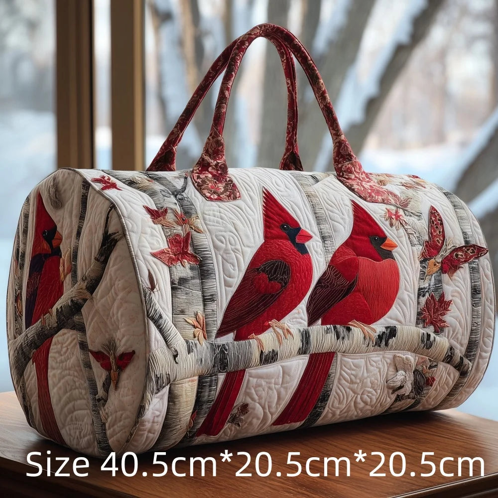 Trending Vintage 3D Quilted Travel Bag Cardinal Bird Floral Printed  Durable Weekend Gym Trip Beach Bag Carry on Tote for Women
