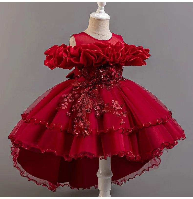 Luxury Off-Shoulder Gown with Train for Girls  Tulle Dress for Fashion Walk Show & Pageants