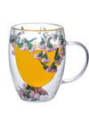 Double Wall Glass Coffee Mugs Double Insulated Glass Cup 350ml Flower Design