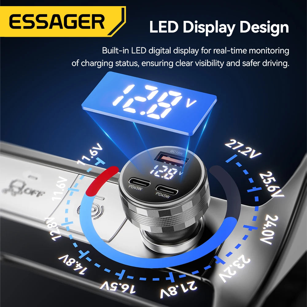 108W USB C Car Charger 3 Ports PD 3.0 Fast Charging Digital Display Dual Type C + USB Adapter