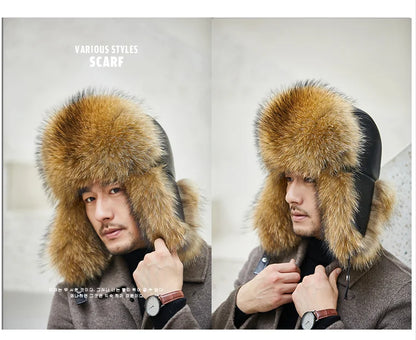 Fox Fur Cap Man Winter Genuine 100% Fur Bomber Hat Windproof Warm Earmuffs Male Flat Grey/Black Russian Hat Fitted Casquette