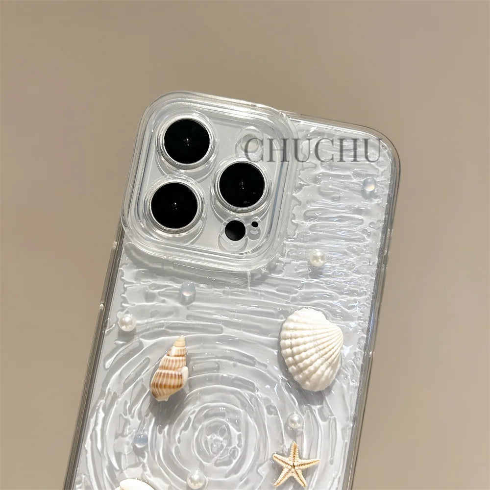 INS Seashell Starfish Conch Pearl Water Ripple Creative Clear Phone Case For iPhone 15 14 13 Pro Max Plus Soft Back Cover