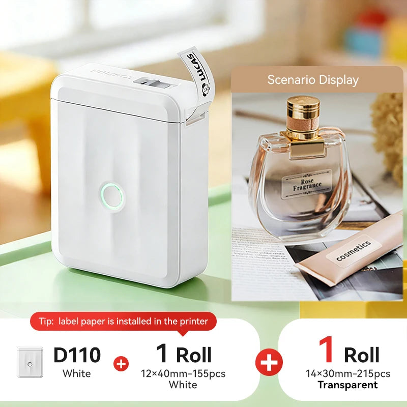 D110 Mini Portable Thermal Label Printer, Bluetooth Smart Label Maker with Adhesive Tape, Inkless 203 DPI for Home, Office & School