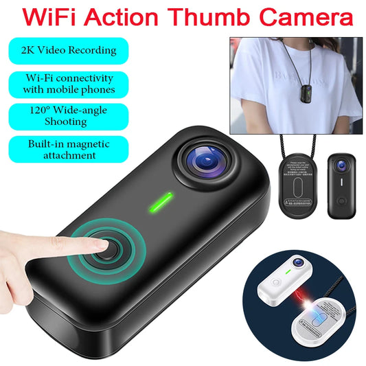 Pocket 2K Mini Magnetic Wearable Action Camera 120 Degree Wide Angle WIFI Hands Free Thumb Cam for Cycling Vlog Outdoor Recording
