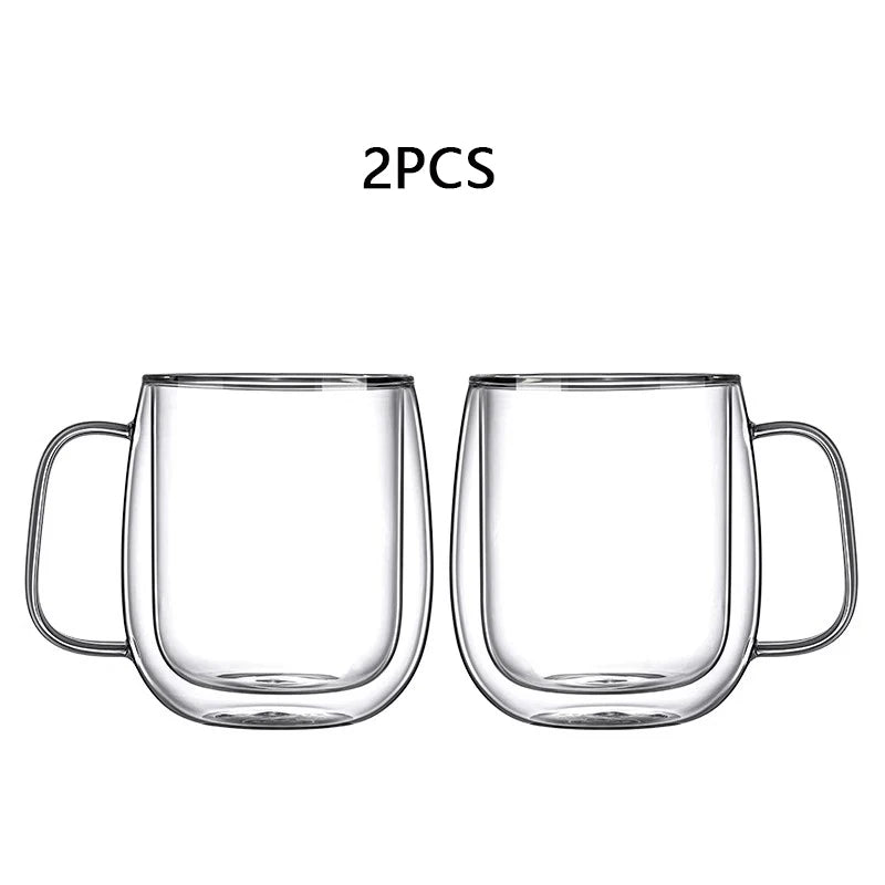 250/400ml Clear Double Wall Glass Cup Home Coffee Milk Mug With Handle Hot Cold Beverage Juice Drinkware Cup Set Of 1/2/4pcs