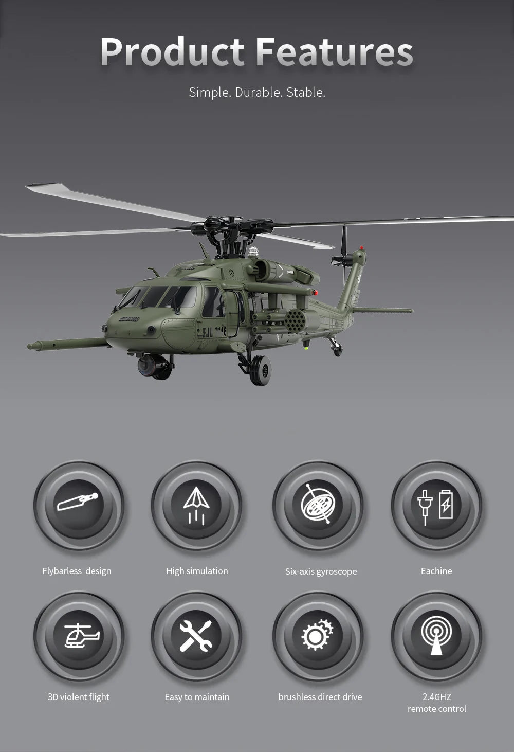 Six Channel Flybarless Remote Control Military Helicopter With Six Axis Gyroscope