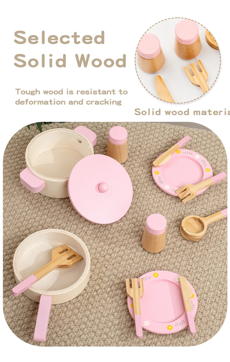 Wooden Pretend Play Kitchen Set with Pots Pans and Utensils