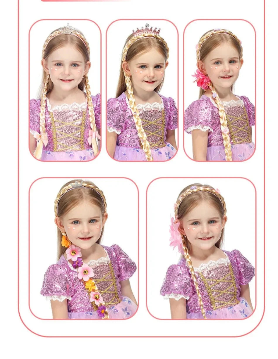 Princess Girls Flowers Headband Flower Fary Dress Up Weaving Long Braid Wig Headband Kids Halloween Rapunzel Cosplay Head Wear