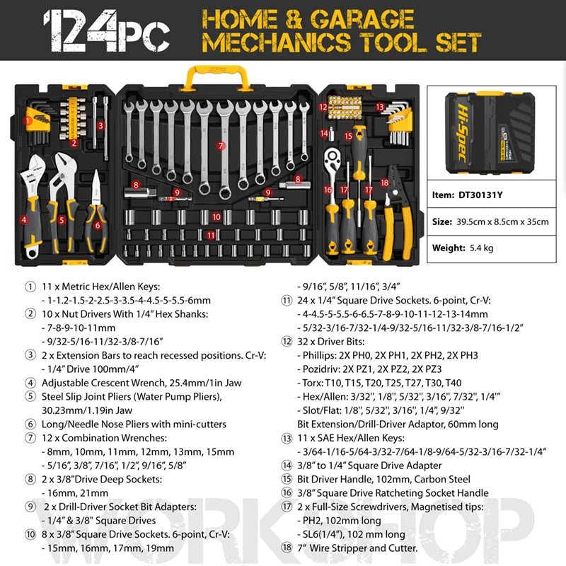 Hi-Spec Car Repair Tool Kit Socket Wrench Set 1/4 3/8 1/2 Ratchet Combination Tool Set for Home & Auto Maintenance