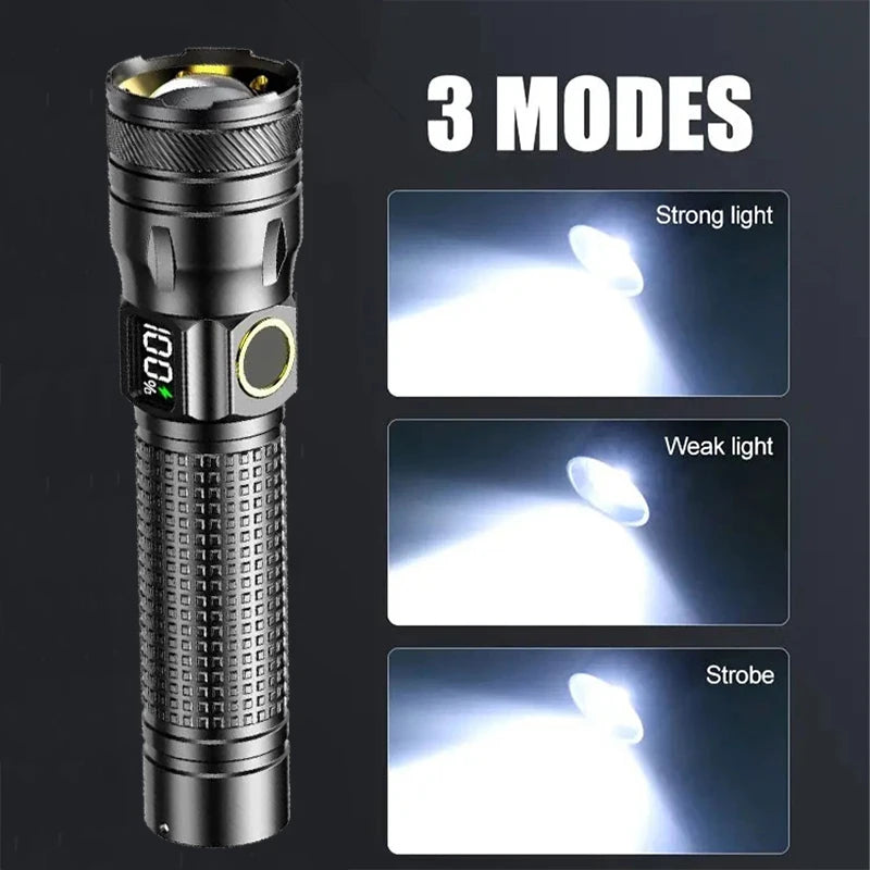 High Power Rechargeable LED Flashlight With Zoom And Power Display