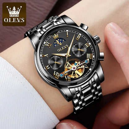 Automatic Mechanical Watch for Men Skeleton Flywheel Design Stainless steel Waterproof Moon Phase Watch