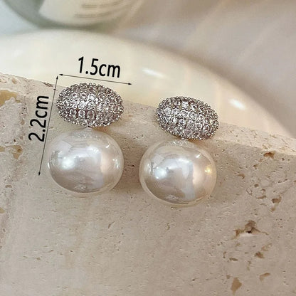 Elegant Oval Imitation Pearl Stud Earrings for Women Geometric Fashion Cubic Zirconia Earring