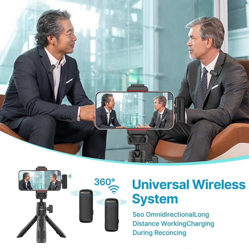 Wireless Lavalier Microphone Dual Mic Plug & Play for iPhone Android Live Recording