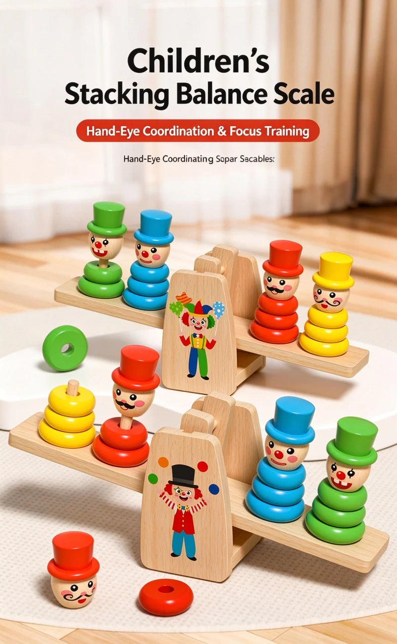 Wooden Clown Balance Scale and Stacking Rings Educational Toy