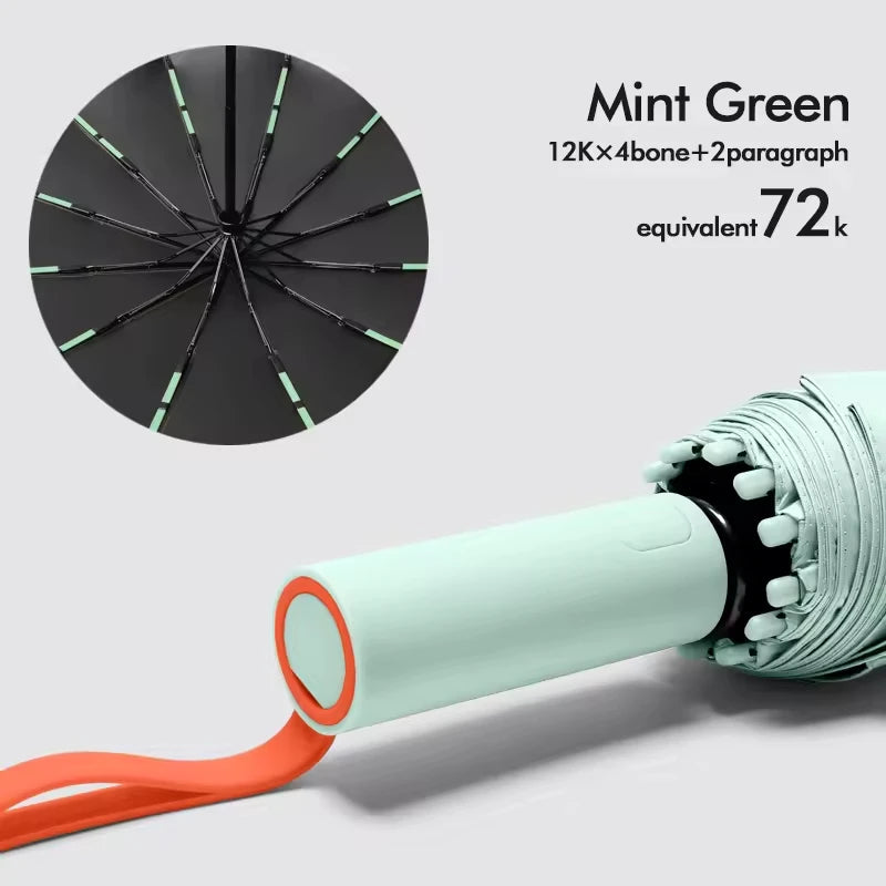 Automatic 12 Rib Folding Umbrella Three Fold Sun Rain Windproof UV Protection Compact Travel Umbrella
