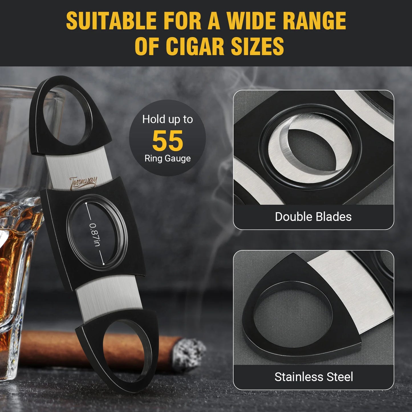 Cigar Cutter with Leather Case for Men, Stainless Steel, Double Cut Blade Guillotine, Cigar Accessories